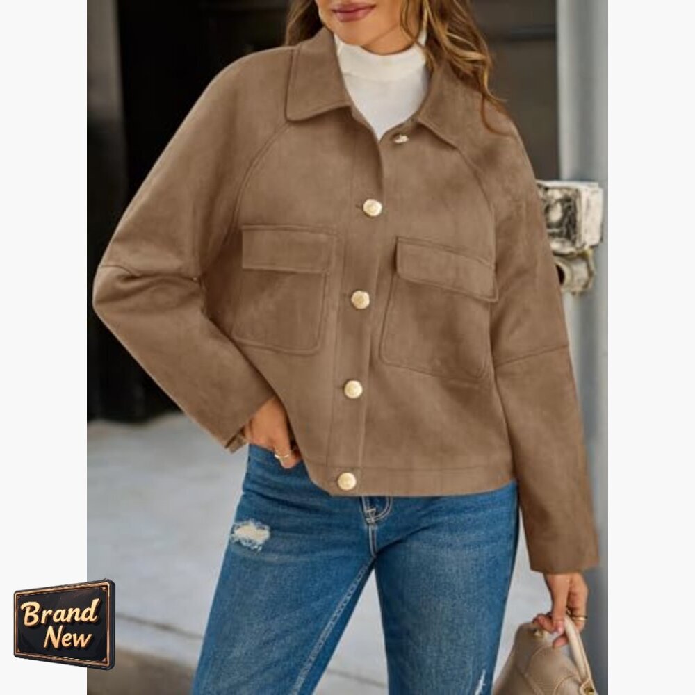Oversized Cropped Faux Suede Leather Jacket Lapel Collar Button Down - Picture 4 of 7